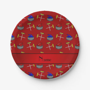 Personalised name red curling pattern paper plate