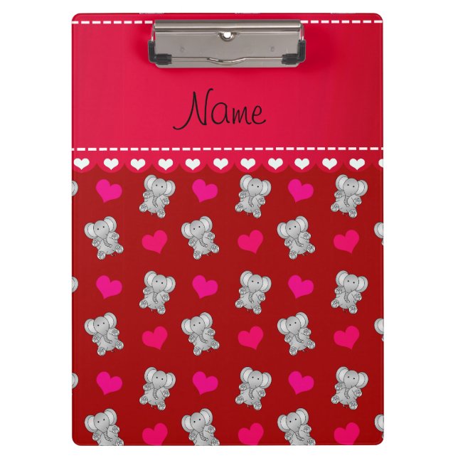 Personalised name red elephants heart pattern clipboard (Front)