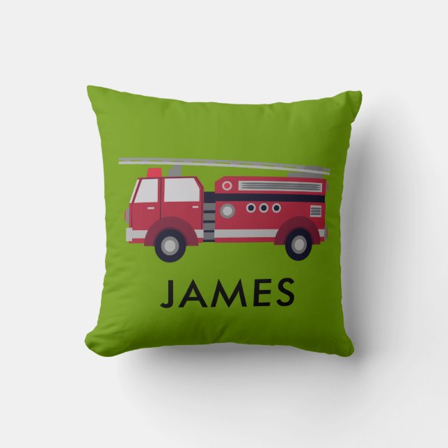 Personalised Name Red Fire truck Green Cushion (Front)