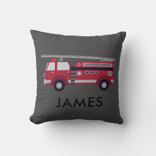 Personalised Name Red Fire truck Grey Cushion