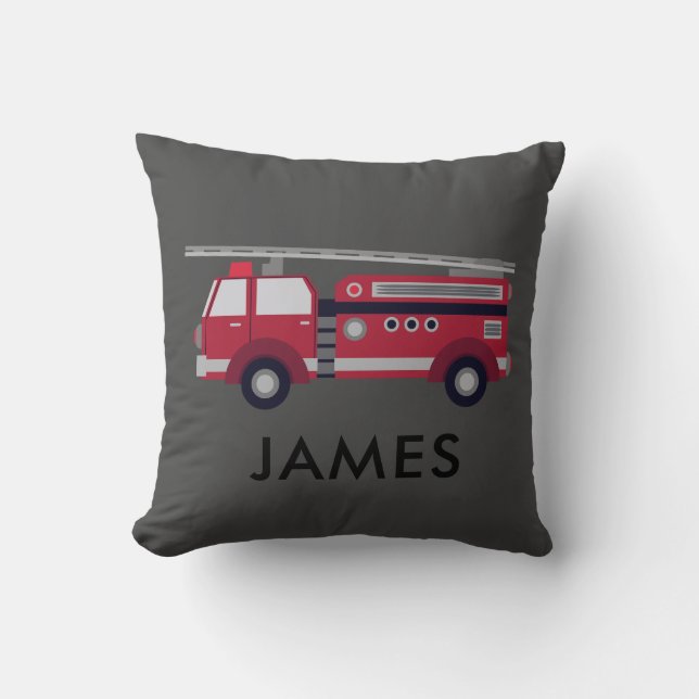 Personalised Name Red Fire truck Grey Cushion (Front)