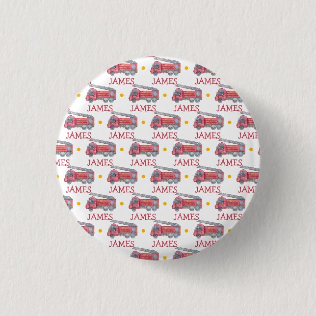 Personalised Name Red Fire truck Party 3 Cm Round Badge (Front)
