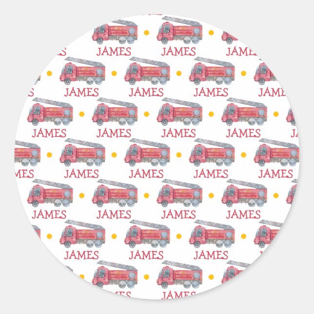 Personalised Name Red Fire truck Party Classic Round Sticker (Front)
