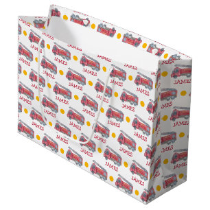 Personalised Name Red Fire truck Party Large Gift Bag