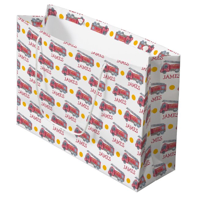 Personalised Name Red Fire truck Party Large Gift Bag (Front Angled)