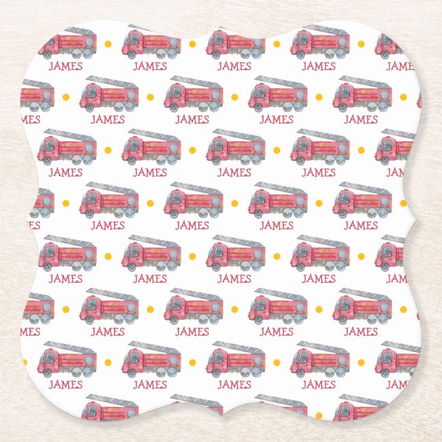 Personalised Name Red Fire truck Party Paper Coaster (Front)
