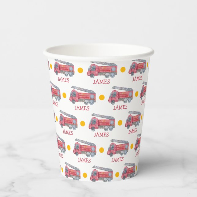 Personalised Name Red Fire truck Party Paper Cups (Back)