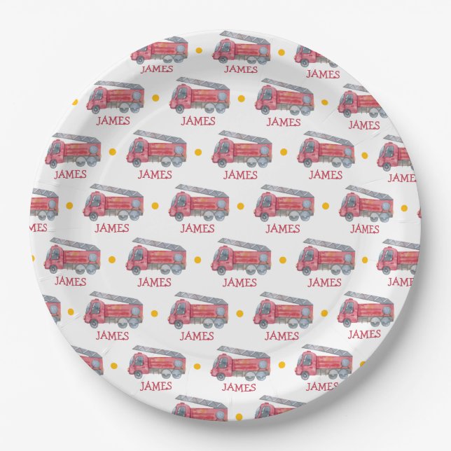 Personalised Name Red Fire truck Party Paper Plate (Front)