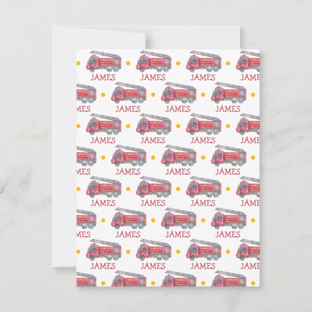 Personalised Name Red Fire truck Party RSVP Card (Front)