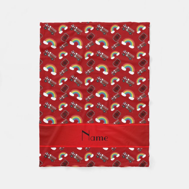 Personalised name red fire trucks rainbows fleece blanket (Front)