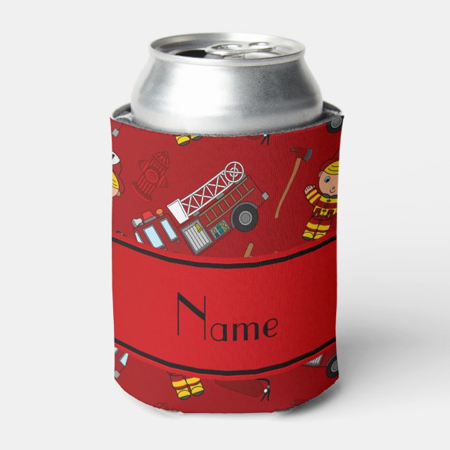 Personalised name red firemen trucks ladders can cooler (Can Front)