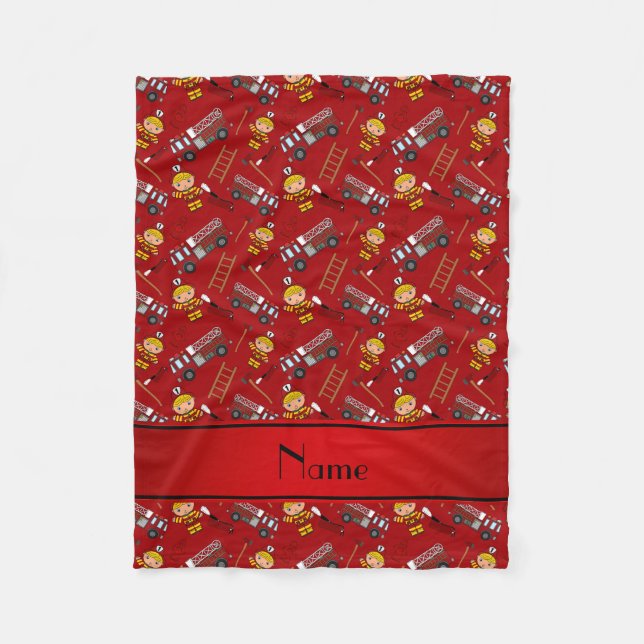 Personalised name red firemen trucks ladders fleece blanket (Front)