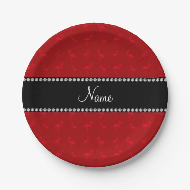 Personalised name red flamingos paper plate (Front)
