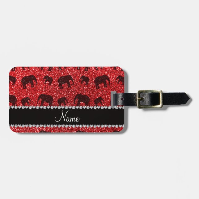 Personalised name red glitter elephants luggage tag (Front Horizontal)