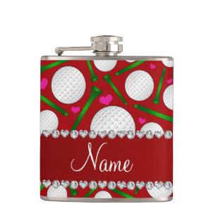 Personalised name red golf balls tees hearts hip flask