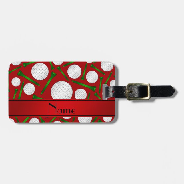 Personalised name red golf balls tees luggage tag (Front Horizontal)