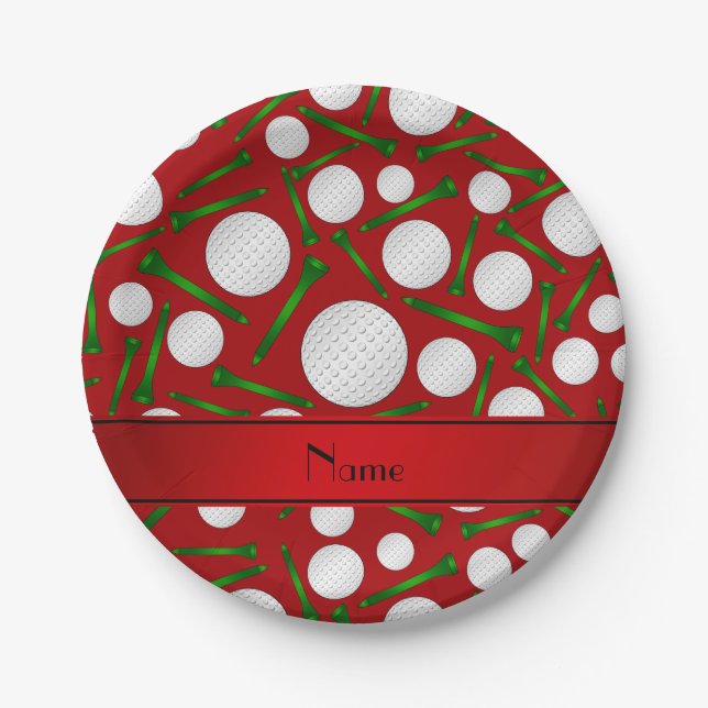 Personalised name red golf balls tees paper plate (Front)