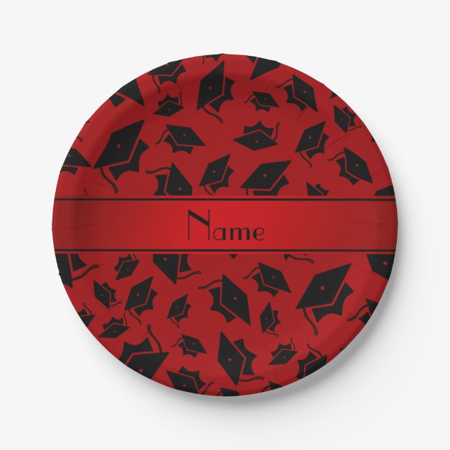 Personalised name red graduation cap paper plate (Front)