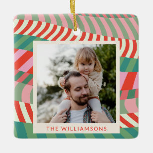 Personalised Name Red Green Pink Geometric Photo  Ceramic Ornament