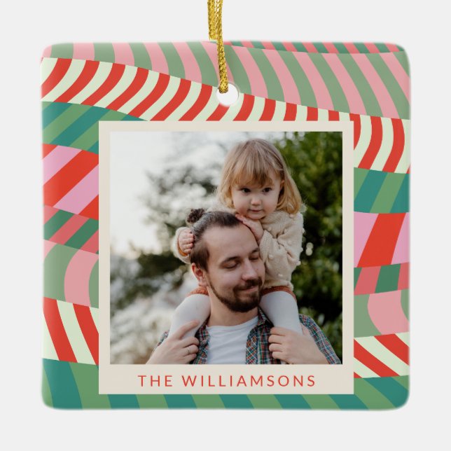 Personalised Name Red Green Pink Geometric Photo  Ceramic Ornament (Front)