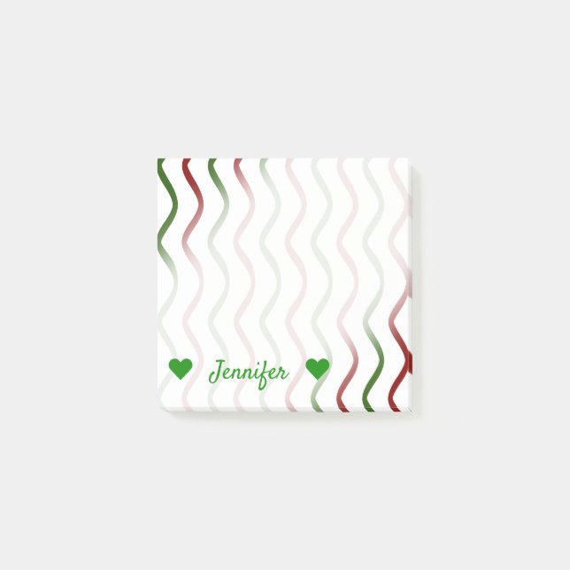 Personalised Name + Red & Green Wavy Lines Pattern Post-it Notes (Front)