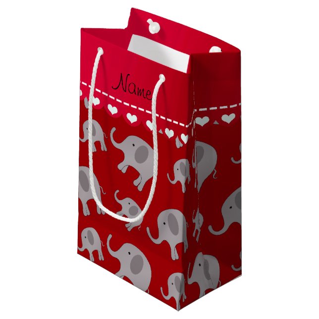 Personalised name red grey elephants small gift bag (Front Angled)