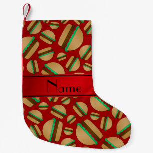 Personalised name red hamburger pattern small christmas stocking