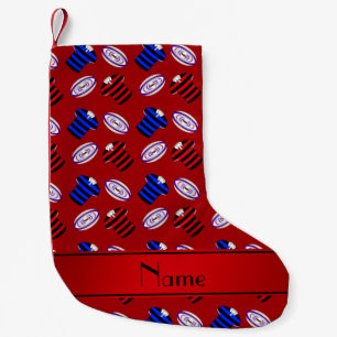 Personalised name red jerseys rugby balls small christmas stocking