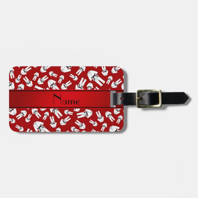 Personalised name red karate pattern luggage tag (Front Horizontal)