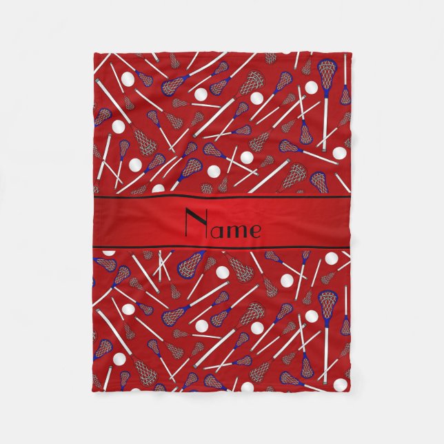 Personalised name red lacrosse pattern fleece blanket (Front)