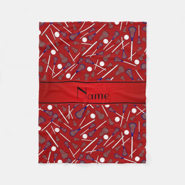 Personalised name red lacrosse pattern fleece blanket (Front)