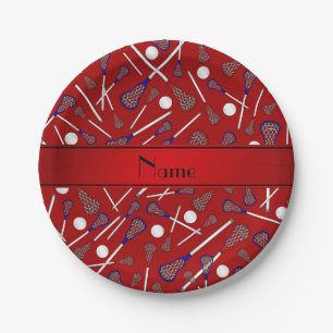 Personalised name red lacrosse pattern paper plate