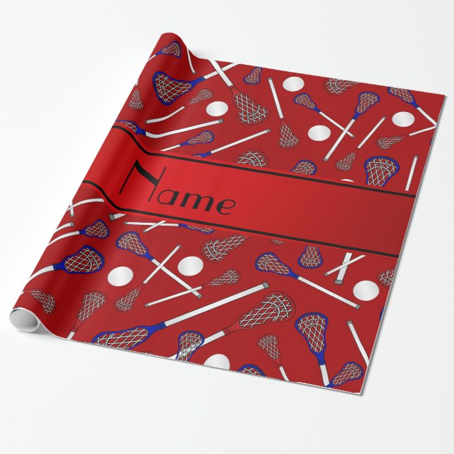 Personalised name red lacrosse pattern wrapping paper (Unrolled)