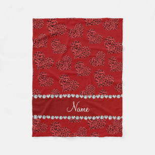 Personalised name red leopard hearts fleece blanket