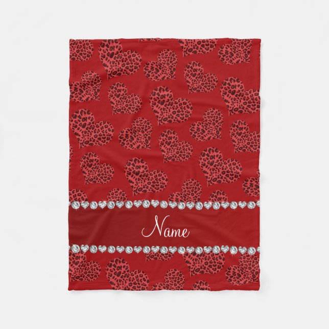 Personalised name red leopard hearts fleece blanket (Front)