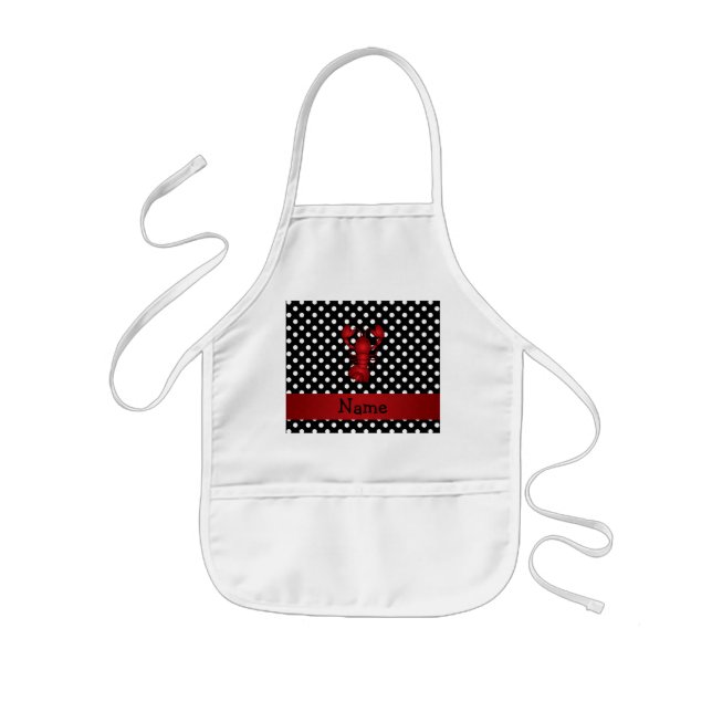 Personalised name red lobster black white polka do kids apron (Front)
