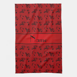 Personalised name red music notes tea towel