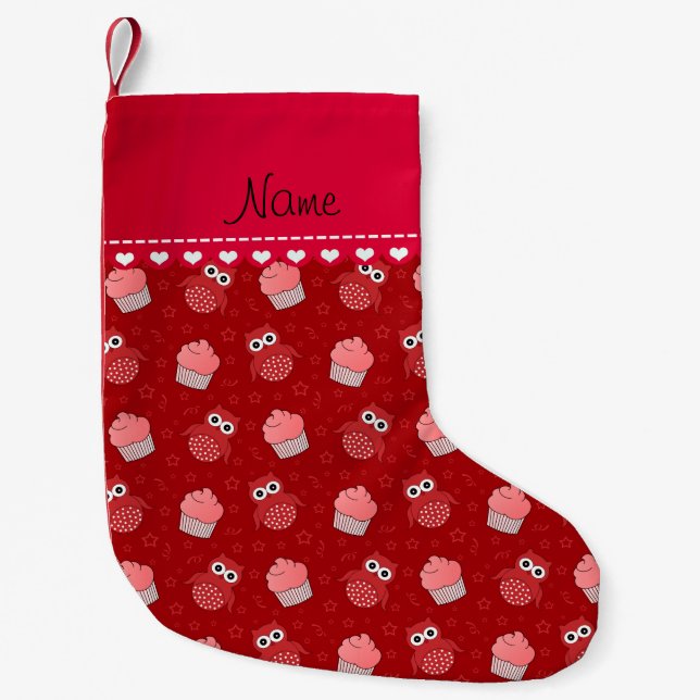 Personalised name red owl cupcakes stars pattern small christmas stocking (Front)