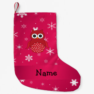 Personalised name red owl pink snowflakes small christmas stocking