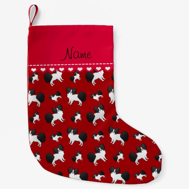 Personalised name red Papillon dogs Small Christmas Stocking (Front)