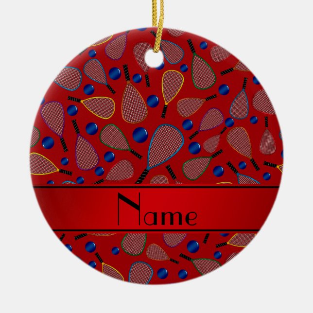 Personalised name red racquetball pattern ceramic tree decoration (Front)