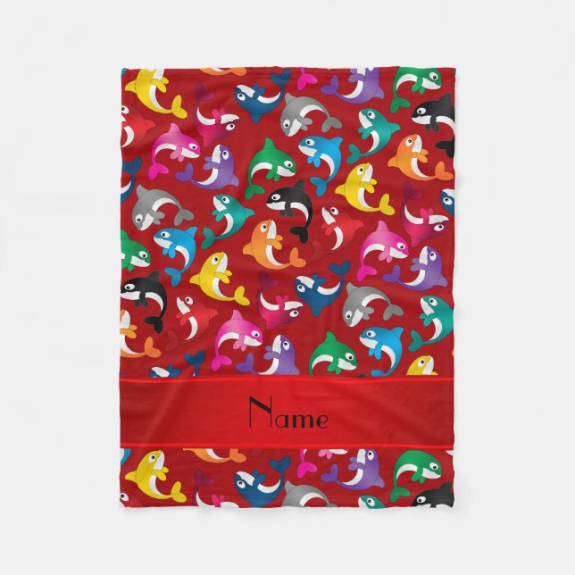 Personalised name red rainbow killer whales fleece blanket (Front)