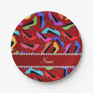 Personalised name red rainbow leopard high heels paper plate