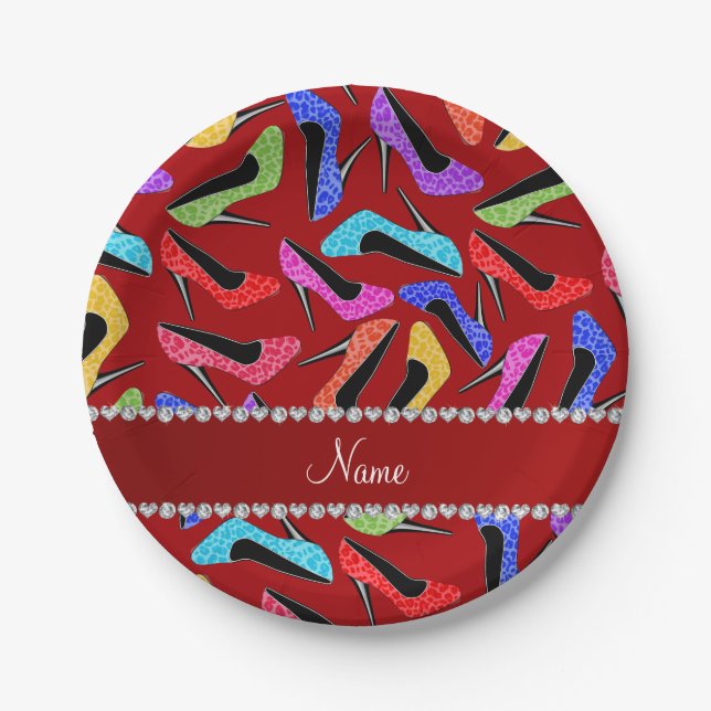 Personalised name red rainbow leopard high heels paper plate (Front)