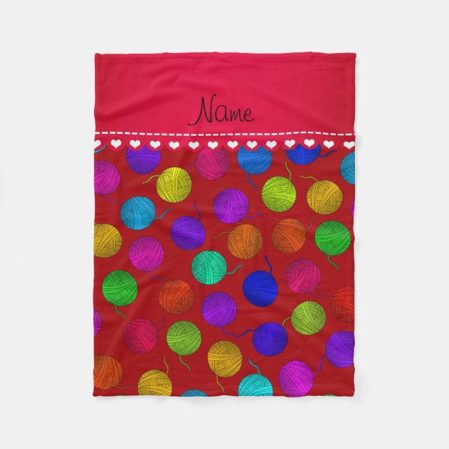 Personalised name red rainbow yarn balls fleece blanket (Front)