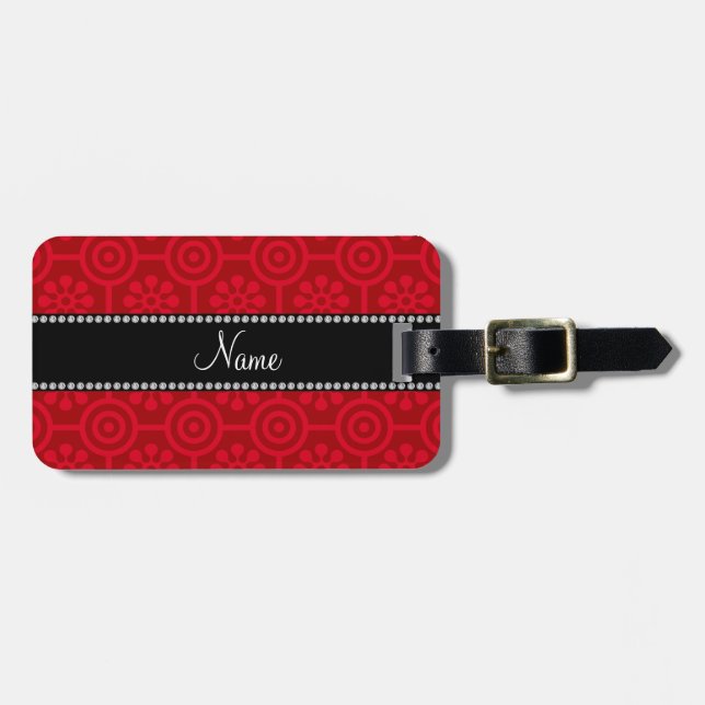 Personalised name red retro flowers luggage tag (Front Horizontal)