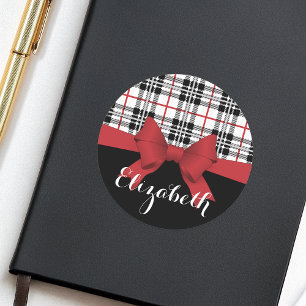Personalised Name Red Ribbon and Tartan Plaid Classic Round Sticker
