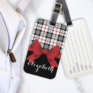 Personalised Name Red Ribbon and Tartan Plaid Luggage Tag