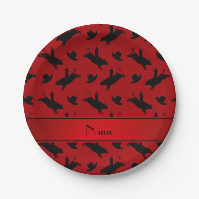 Personalised name red rodeo bull riding pattern paper plate (Front)