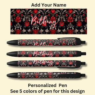 Personalised Name, Red Roses on Black Ink Pen